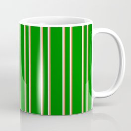 [ Thumbnail: Green, Coral & Lavender Colored Stripes/Lines Pattern Coffee Mug ]