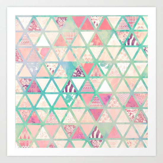 Pink Turquoise Abstract Floral Triangles Patchwork Art Print