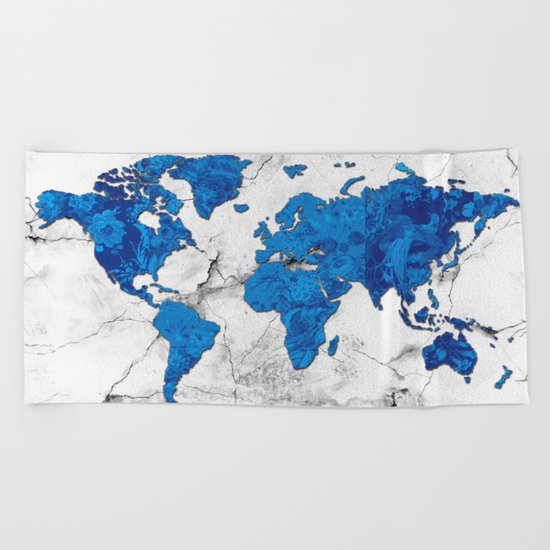 world map marble floral Beach Towel
