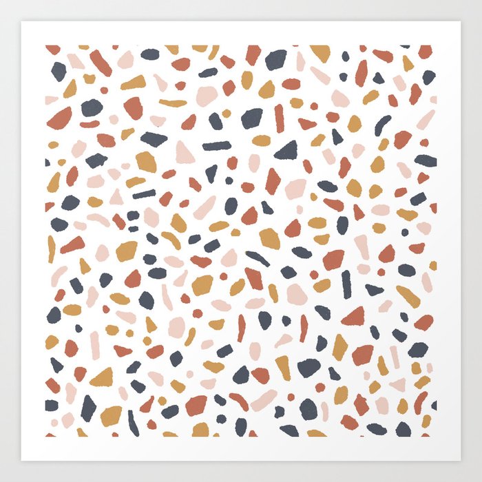 Terrazzo tile - sunset, rust, ochre, mustard, yellow, blue, earth tones, neutral, pattern Art Print