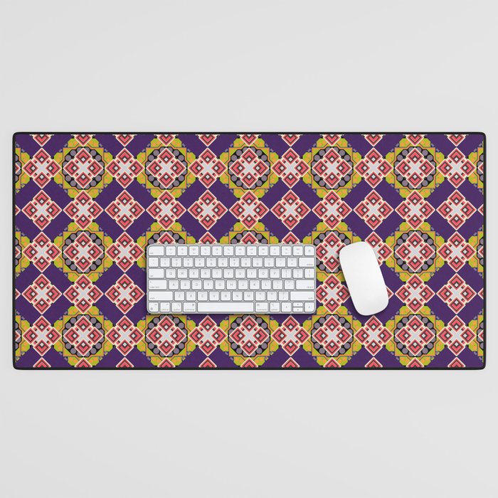 Abstract holiday wrapping paper in violet, pink and brown. Tiled background. Traditional design of 50s. Fabric spring ornament with tiles. Pin up style. Seamless rhombus pattern. Desk Mat