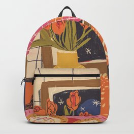 Disco night Backpack | Curated, Disco, Night, Table, Pink, Bouquet, Gigi Rosado, Tulips, Drawing, Love 