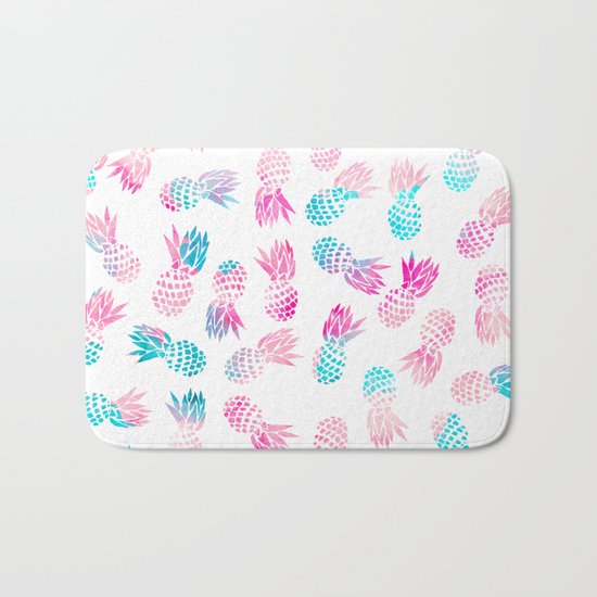 Modern summer tropical pineapple watercolor illustration pattern Bath Mat