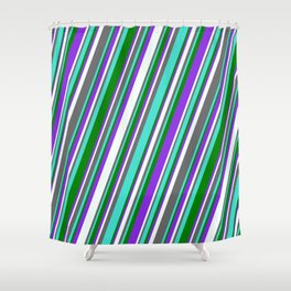 [ Thumbnail: Dim Grey, Turquoise, Green, Purple & Mint Cream Colored Lined Pattern Shower Curtain ]