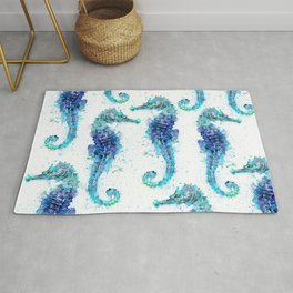 Blue Turquoise Watercolor Seahorse Rug