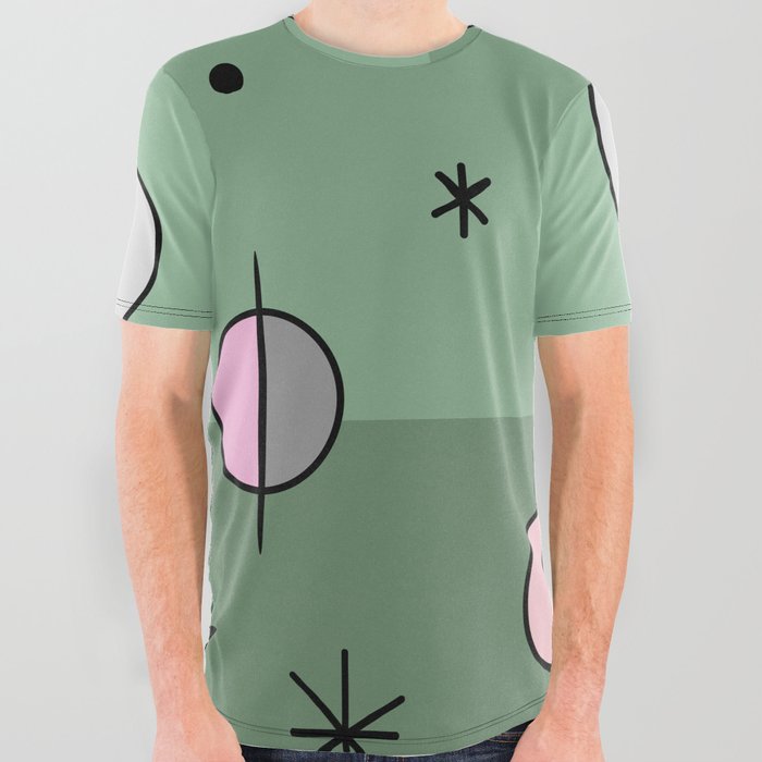 Retro Space Age Planets Stars Sage Green All Over Graphic Tee