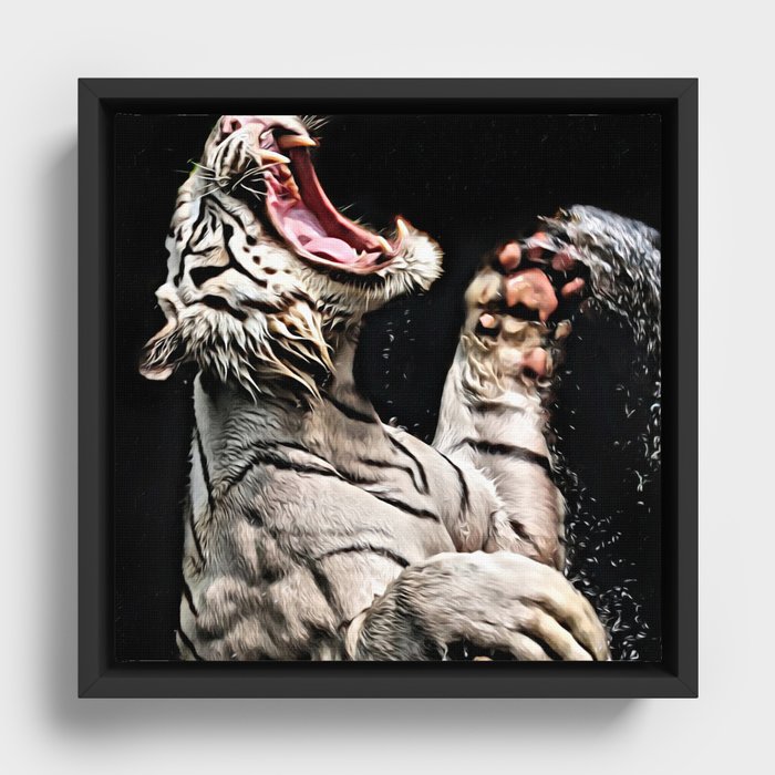 White Tiger Roar in the Water Framed Canvas