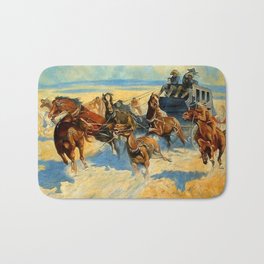 Western Art “Downing the Nigh Leader” Bath Mat | Oil, Team, Painting, Frontier, Cowboys, Stagecoach, Indians, Spear, Attack 
