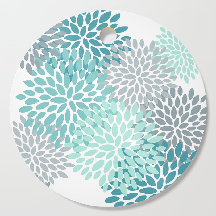 Floral Pattern, Aqua, Teal, Turquoise and Gray Cutting Board