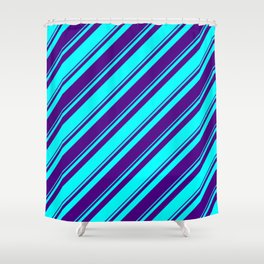 [ Thumbnail: Aqua & Indigo Colored Lined/Striped Pattern Shower Curtain ]