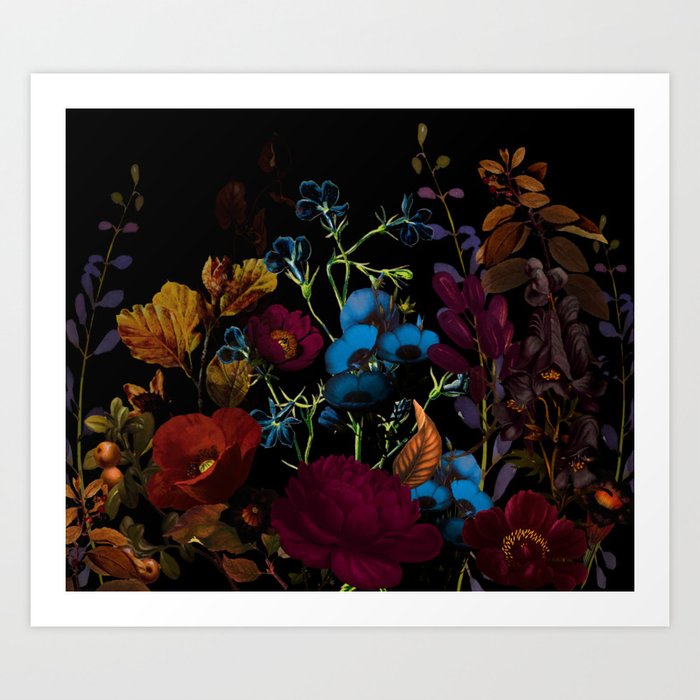 Dark autumn flower garden design floral pattern design Art Print
