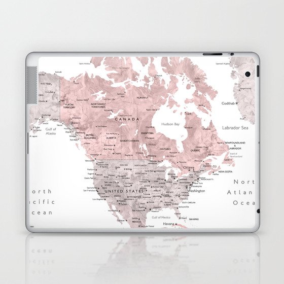 Dusty pink and grey detailed watercolor world map Laptop & iPad Skin