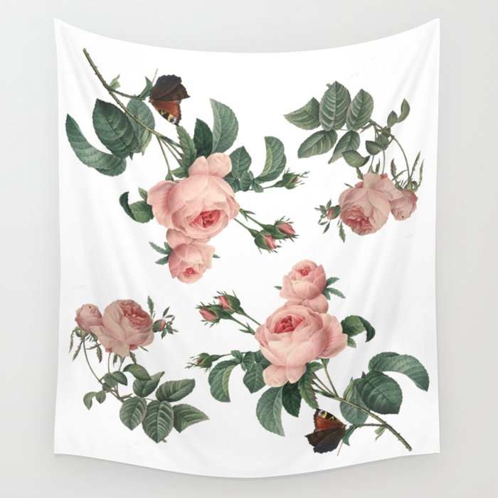 Rose Garden Butterfly Pink on White Wall Tapestry