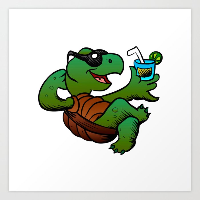 Cartoon Turtle Drinking Cocktail Art Print By Marios Society6