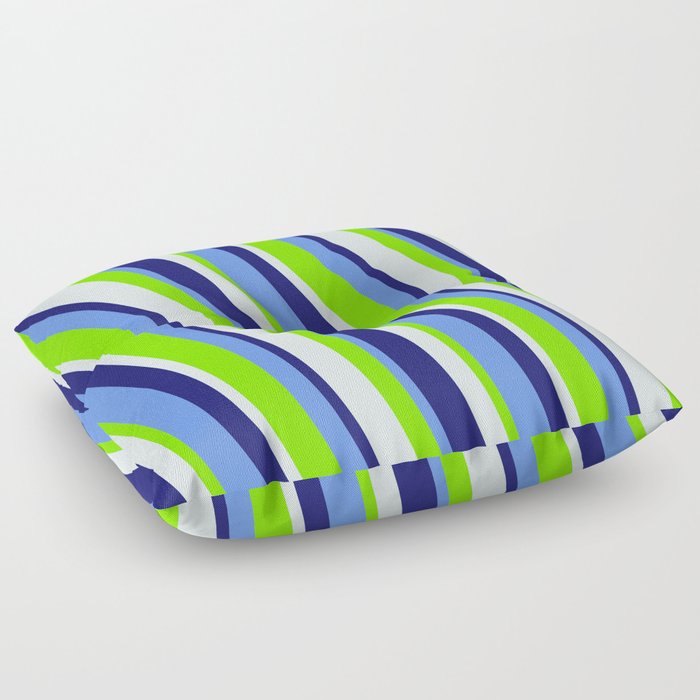 Cornflower Blue, Chartreuse, Light Cyan, and Midnight Blue Colored Lined Pattern Floor Pillow