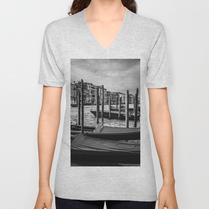 Venice Italy with gondola boats surrounded by beautiful architecture along the grand canal black and V Neck T Shirt