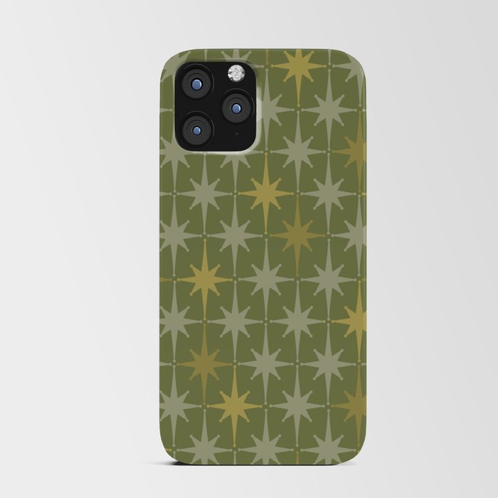 Midcentury Modern Atomic Starburst Pattern in Retro Olive Green and Vintage Celadon Tones iPhone Card Case