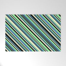 [ Thumbnail: Colorful Green, Blue, Dark Slate Gray, Light Yellow, and Black Colored Stripes/Lines Pattern Welcome Mat ]