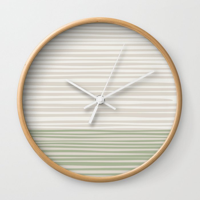 Natural Stripes Modern Minimalist Colour Block Pattern Sage Green Almond Beige Wall Clock