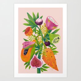 Exotic Fruits, Tropical Plants on Pink Background Art Print