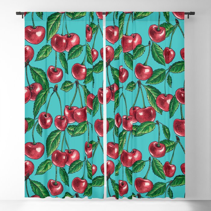 Red cherries on turquoise Blackout Curtain