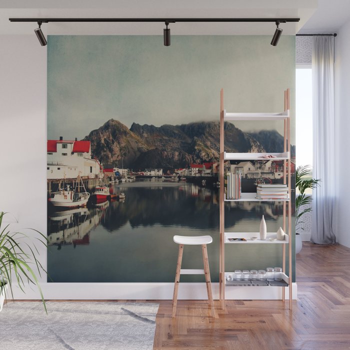 Mountain Village - Fjord - Boats - Landscape Norway Travel Photography by Ingrid Beddoes Wall Mural
