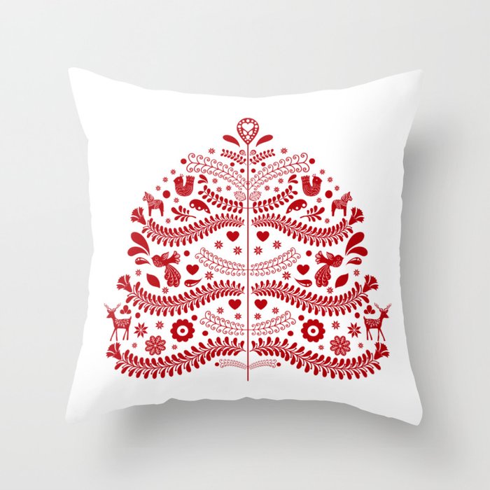 Red Scandinavian Folk Art Christmas Tree Throw Pillow