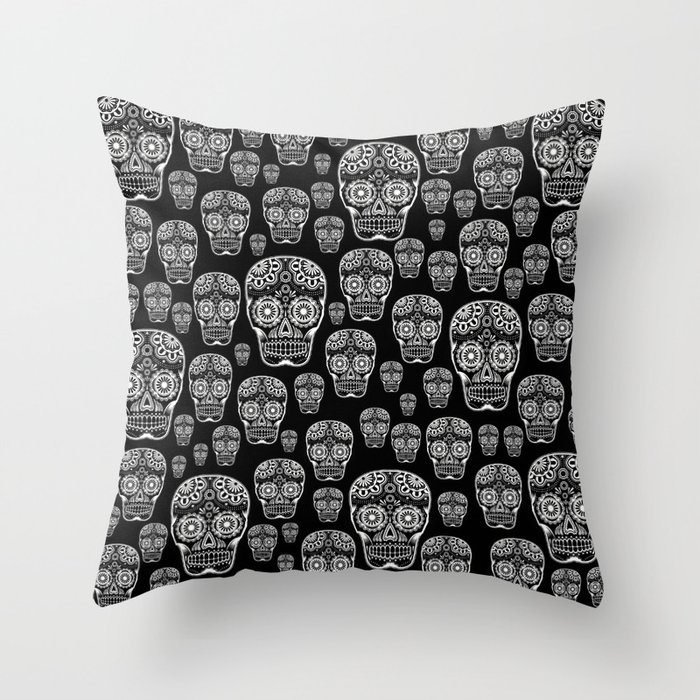 Black And White Sugar Skull Pattern Throw Pillow
