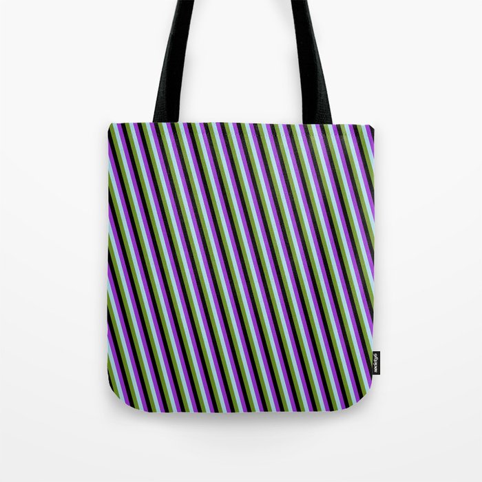 Dark Orchid, Light Blue, Green, and Black Colored Lines Pattern Tote Bag