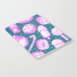Sweet Delights Pattern - Donuts, Ice Cream, Cookies, Candies, Gummy Bears in Pink Notebook