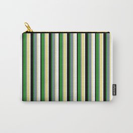 [ Thumbnail: Eyecatching Tan, Light Slate Gray, Forest Green, Black, and White Colored Lined/Striped Pattern Carry-All Pouch ]