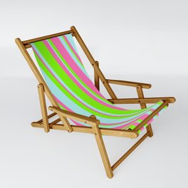 [ Thumbnail: Green, Turquoise & Hot Pink Colored Lines Pattern Sling Chair ]