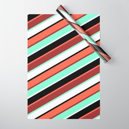 [ Thumbnail: Red, Brown, Aquamarine, White, and Black Colored Lined Pattern Wrapping Paper ]