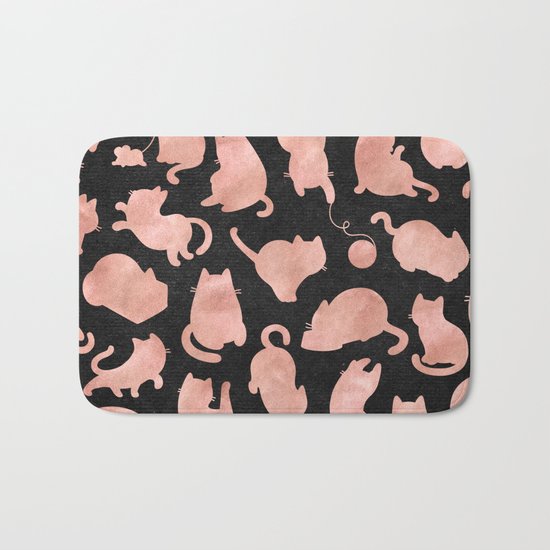 Rose Gold Pink Cats on Black Bath Mat