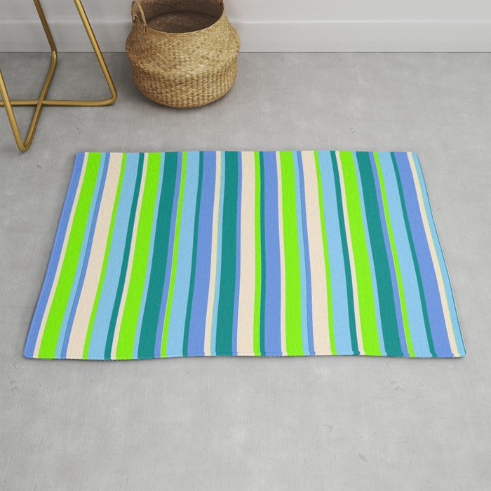 Eye-catching Chartreuse, Light Sky Blue, Dark Cyan, Cornflower Blue, and Beige Colored Lines Pattern Rug