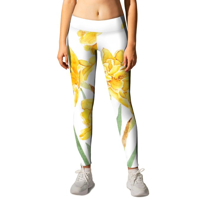 golden daffodils flowers with leaf watercolor Leggings