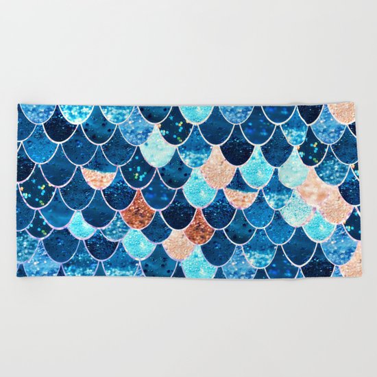 REALLY MERMAID BLUE & GOLD Beach Towel