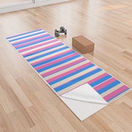 [ Thumbnail: Blue, Beige & Hot Pink Colored Pattern of Stripes Yoga Towel ]