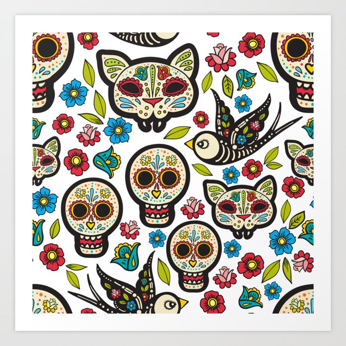 Sugar Skull Mexican Skulls Flowers Day Of The Dead Art Print By Zippythread