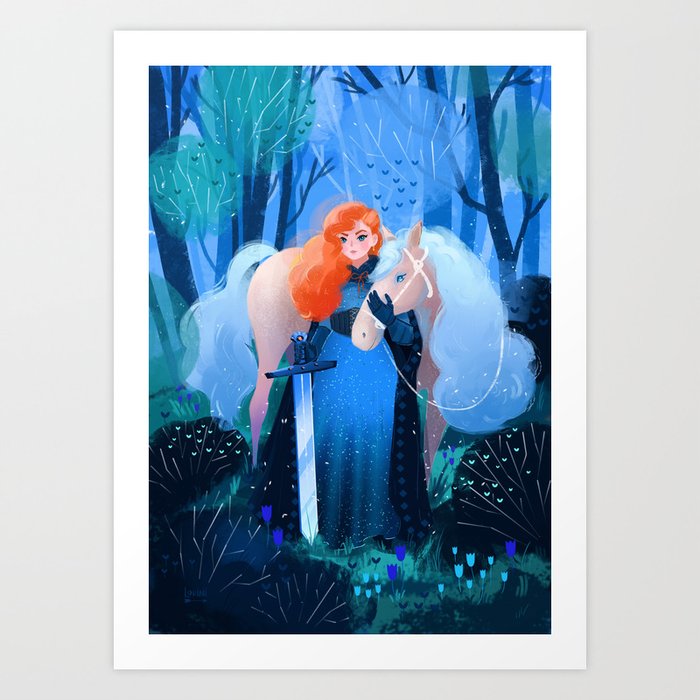 Lady with a Sword and White Horse Art Print