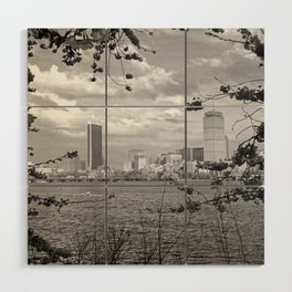 Springtime in Boston on the Charles River Pru and Hancock Black and White Wood Wall Art