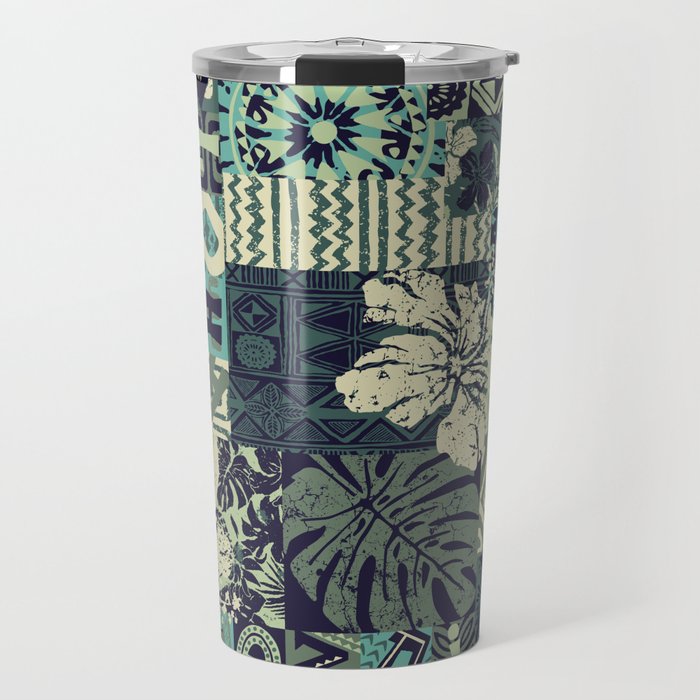 Hawaiian hibiscus and tribal element fabric patchwork abstract vintage vintage seamless pattern  Travel Mug