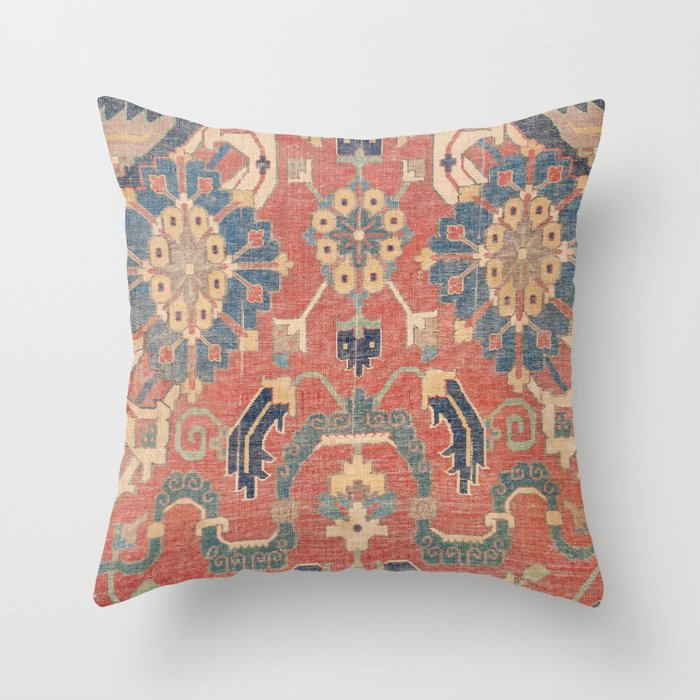 Geometric Leaves V // 18th Century Distressed Red Blue Green Colorful Ornate Accent Rug Pattern Throw Pillow