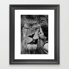 Grouchy Lion being kissed by brunette girl black and white photography Framed Art Print