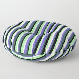 [ Thumbnail: Colorful Beige, Slate Blue, Dark Slate Gray, Black & Green Colored Lined/Striped Pattern Floor Pillow ]