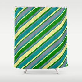 [ Thumbnail: Light Slate Gray, Dark Cyan, Tan & Green Colored Pattern of Stripes Shower Curtain ]