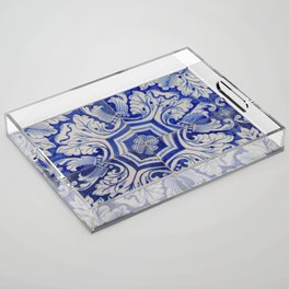 Blue & White Mediterranean Vintage Floral Pattern Acrylic Tray