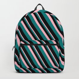 [ Thumbnail: Pink, Teal, and Black Colored Lined/Striped Pattern Backpack ]