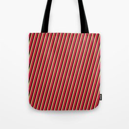 [ Thumbnail: Dark Khaki, Crimson, and Black Colored Striped/Lined Pattern Tote Bag ]