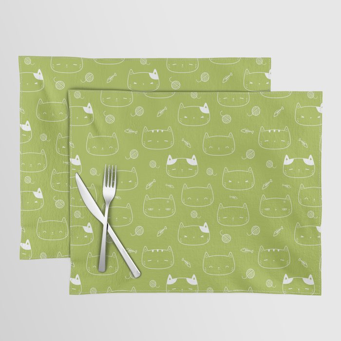 Light Green and White Doodle Kitten Faces Pattern Placemat